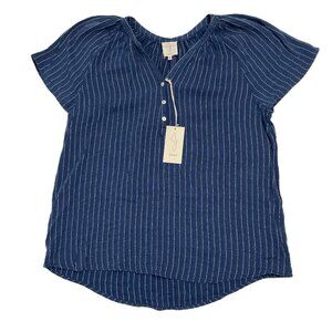 Joie Peasant Blouse Women’s Plus Sz 2X Blue Stripe Short Sleeve Crinkle Cotton